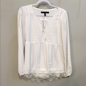 White House Black Market Ivory Pintuck Blouse with Scalloped Lace Detail